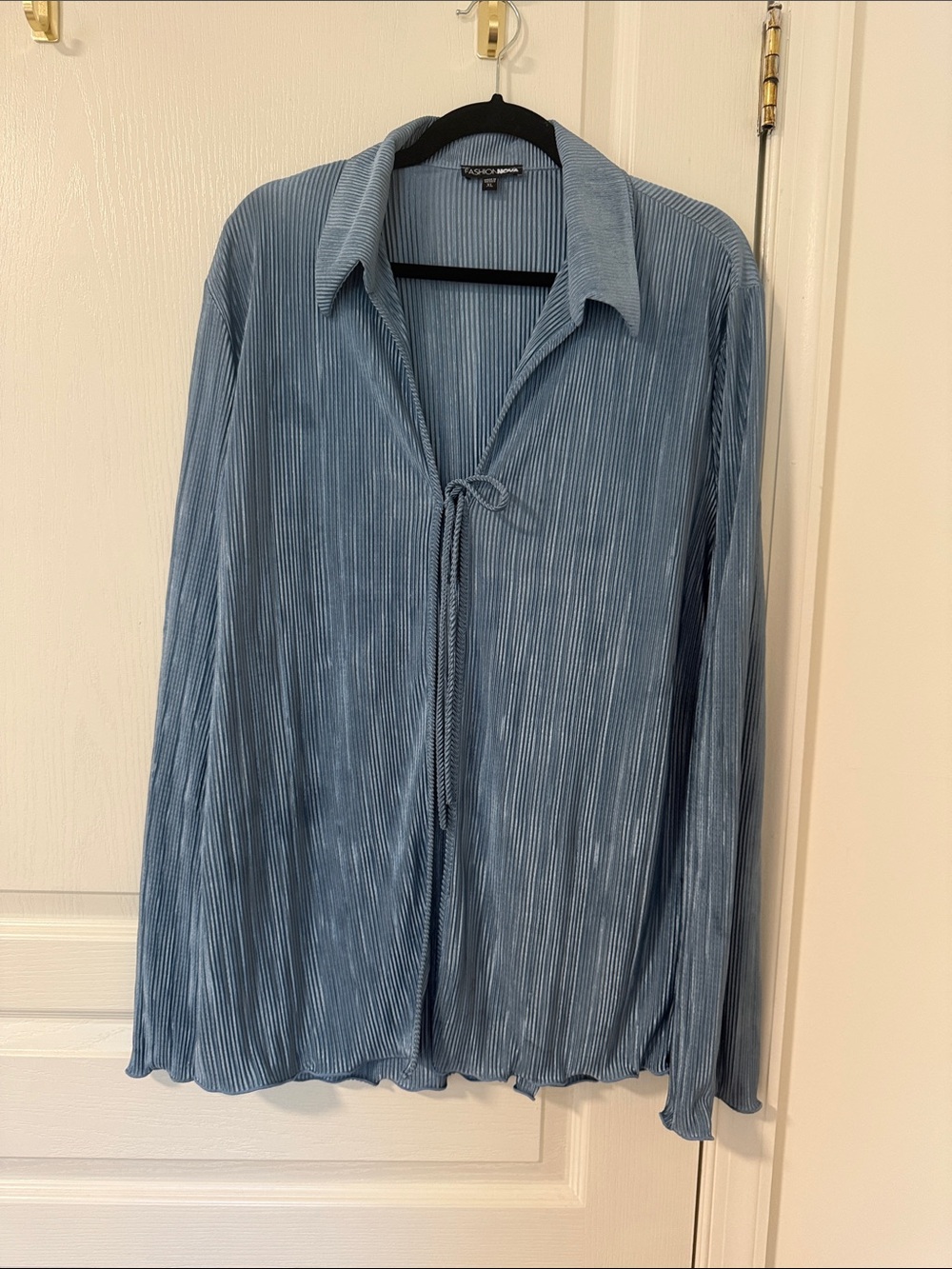 Fashion Nova Blue Pleated Tie-Front Blouse
